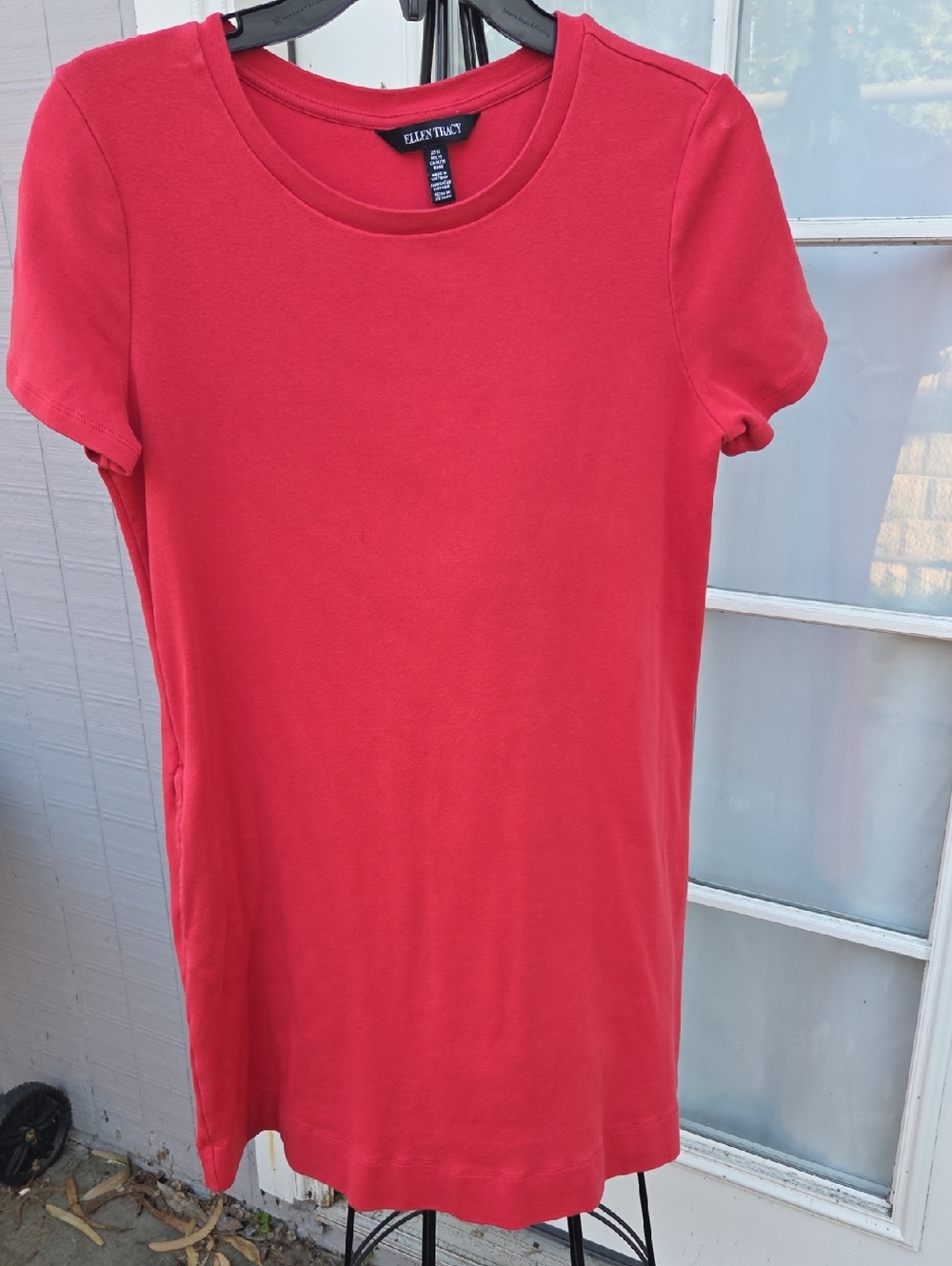 Ellen Tracy Short Sleeve Crewneck Tee Dress - Salmon Red, Size M